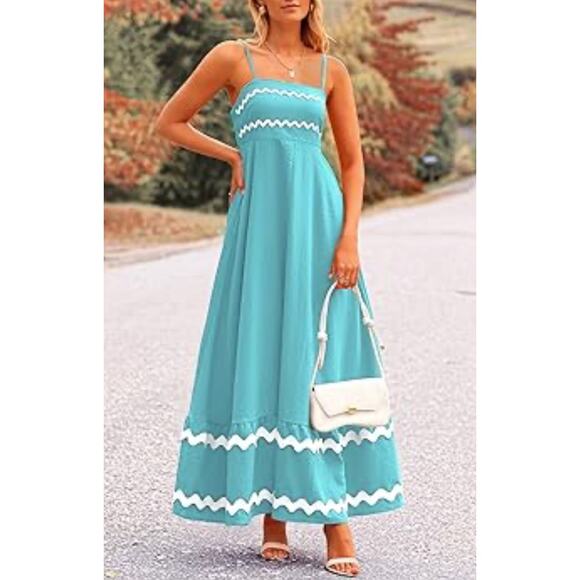 PrettyGarden Blue White Maxi Dress Smocked Back W/ Pockets Size M - Picture 1 of 9